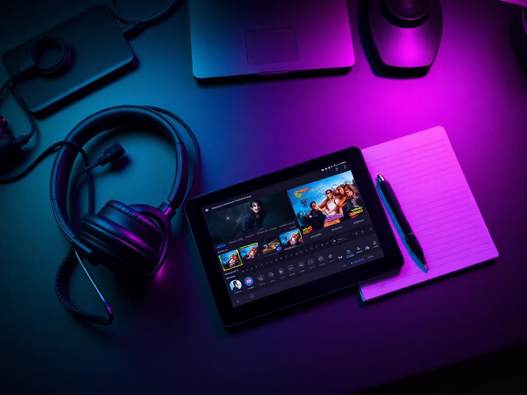 Content creation workspace with camera, headphones and tablet