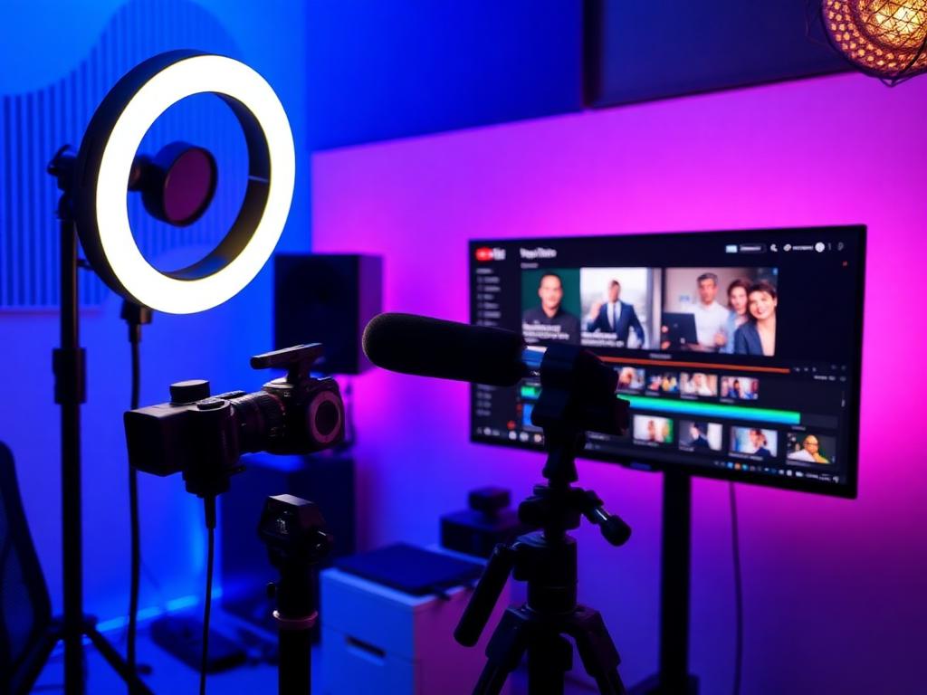 YouTube creator studio with ring light, camera and editing monitor